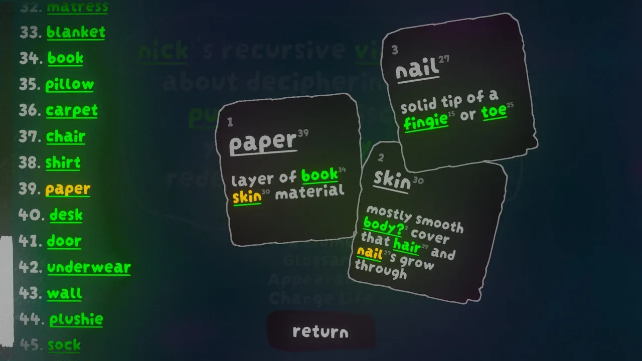 Nick's Recursive Videogame About Deciphering Word Puzzles to Discover Your Identity and Redefine the